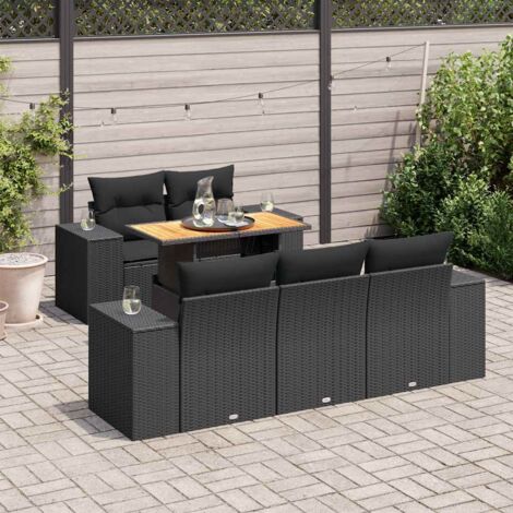 Ensemble Salon Jardin 6 Places Noir Résine Tressée - Table Réglable avec Coussins Lavables et Rangement Intégré