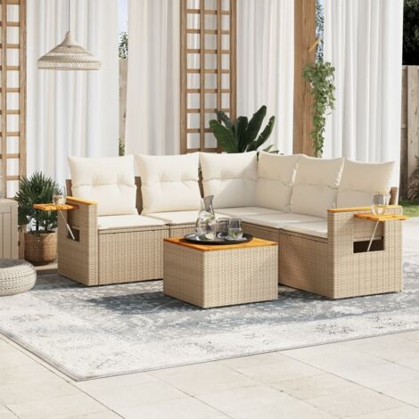 Ensemble Salon Jardin 6 Places Résine Tressée Beige avec Coussins Amovibles et Table Acacia - Stockage Intégré