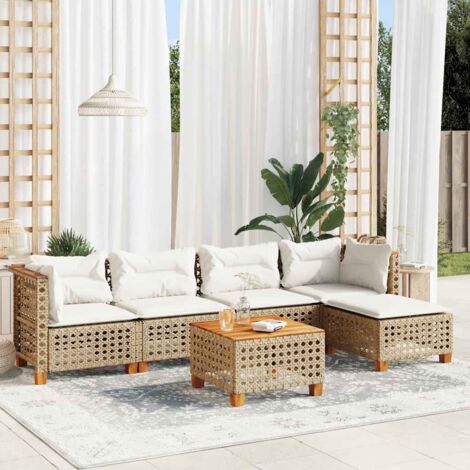 Ensemble Salon Jardin 6 Places Résine Tressée Beige avec Coussins Amovibles - Table Acacia et Structure Acier