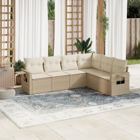 Ensemble Salon Jardin 6 Places Résine Tressée Beige avec Coussins - Canapé d'Angle, Central et Accoudoirs - Tables d'Appoint - Housses Lavables