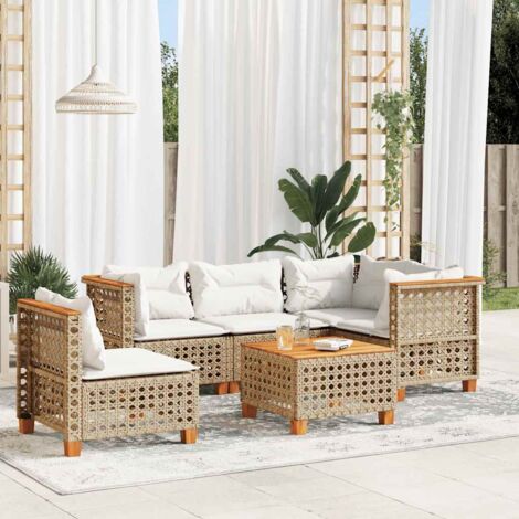 Ensemble Salon Jardin 6 Places Résine Tressée Beige avec Coussins Crème et Table Acacia Modulable