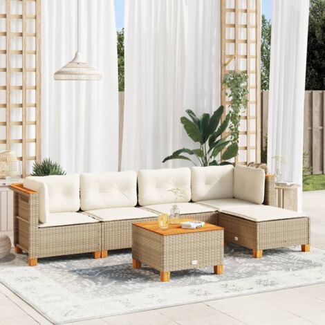 Ensemble Salon Jardin 6 Places Résine Tressée Beige avec Coussins Crème Modulaire Table Acacia