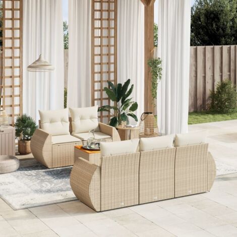 Ensemble Salon Jardin 6 Places Résine Tressée Beige avec Coussins Crème - Table Acacia et Espaces Rangement