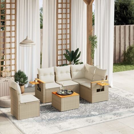 Ensemble Salon Jardin 6 Places Résine Tressée Beige avec Coussins Crème, Table Acacia et Rangement