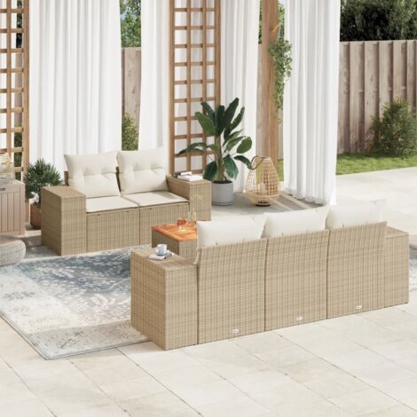 Ensemble Salon Jardin 6 Places Résine Tressée Beige avec Coussins et Table Acacia - Meuble Extérieur Modulaire avec Rangement