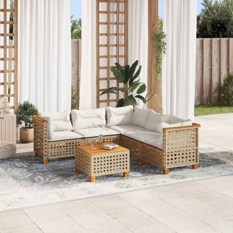 Ensemble Salon Jardin 6 Places Résine Tressée Beige avec Coussins et Table Acacia  Modulaire Confortable