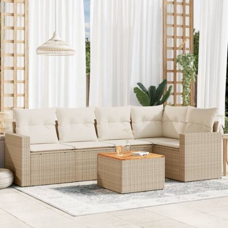 Ensemble Salon Jardin 6 Places Résine Tressée Beige avec Coussins et Table Acacia - Modulaire Stockage Eau