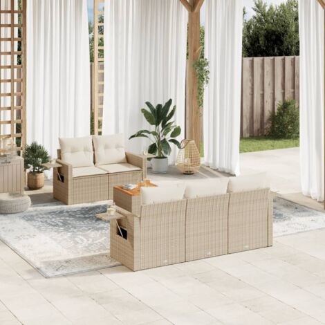 Ensemble Salon Jardin 6 Places Résine Tressée Beige avec Coussins et Table Acacia - Stockage Intégré