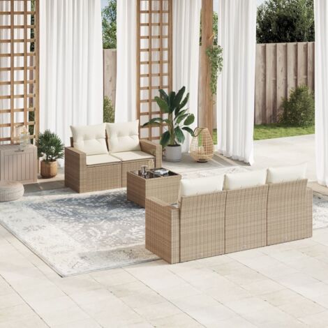 Ensemble Salon Jardin 6 Places Résine Tressée Beige avec Coussins et Table Verre