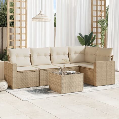 Ensemble Salon Jardin 6 Places Résine Tressée Beige avec Coussins et Table Verre - Stockage Intégré, Modulaire, Lavable