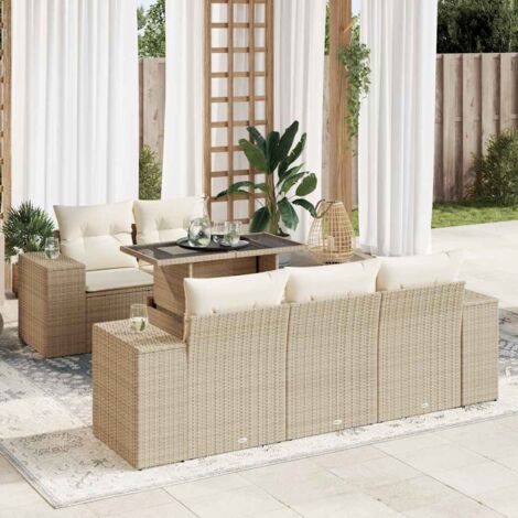 Ensemble Salon Jardin 6 Places Résine Tressée Beige avec Coussins et Table Verre Trempé Modulable