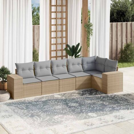 Ensemble Salon Jardin 6 Places Résine Tressée Beige avec Coussins Gris - Canapé d'Angle, Central et Accoudoirs - Mobilier Extérieur Modulaire