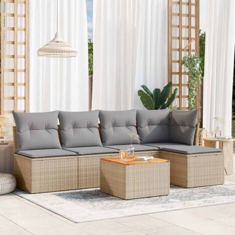 Ensemble Salon Jardin 6 Places Résine Tressée Beige avec Coussins Gris - Canapé d'Angle, Central et Table Acacia