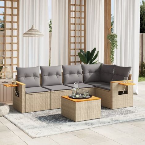 Ensemble Salon Jardin 6 Places Résine Tressée Beige avec Coussins Gris - Canapé d'Angle, Table Acacia et Mobilier d'Extérieur Modulaire