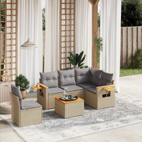 Ensemble Salon Jardin 6 Places Résine Tressée Beige avec Coussins Gris - Canapé d'Angle, Table Acacia et Mobilier d'Extérieur Modulaire