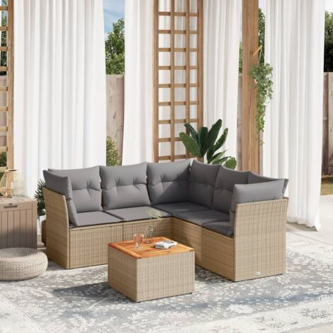 Ensemble Salon Jardin 6 Places Résine Tressée Beige avec Coussins Gris - Canapés d'Angle et Central, Table Acacia