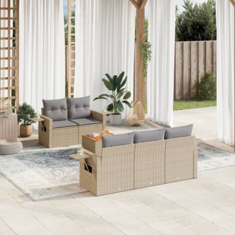 Ensemble Salon Jardin 6 Places Résine Tressée Beige avec Coussins Gris - Canapés Modulaires, Table Acacia, Housses Lavables