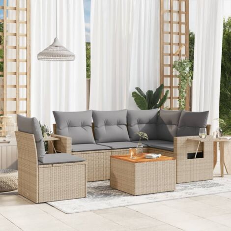 Ensemble Salon Jardin 6 Places Résine Tressée Beige avec Coussins Gris et Table Acacia  Mobilier Extérieur Modulaire