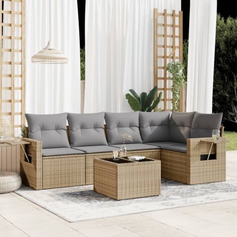 Ensemble Salon Jardin 6 Places Résine Tressée Beige avec Coussins Gris et Table Verre Trempé