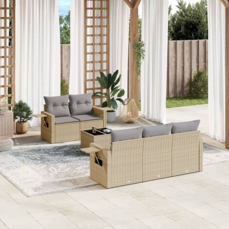 Ensemble Salon Jardin 6 Places Résine Tressée Beige avec Coussins Gris et Table Verre Trempé - Mobilier Extérieur Modulaire
