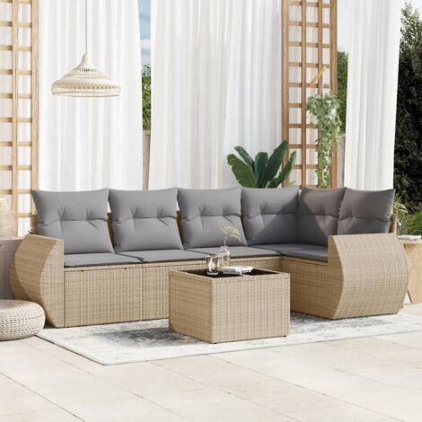 Ensemble Salon Jardin 6 Places Résine Tressée Beige avec Coussins Gris et Table Verre Trempé - Mobilier Extérieur Modulaire Confortable