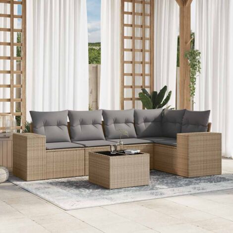 Ensemble Salon Jardin 6 Places Résine Tressée Beige avec Coussins Gris et Table Verre Trempé - Modulaire