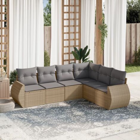 Ensemble Salon Jardin 6 Places Résine Tressée Beige avec Coussins Gris - Meuble Extérieur Modulaire avec Rangement