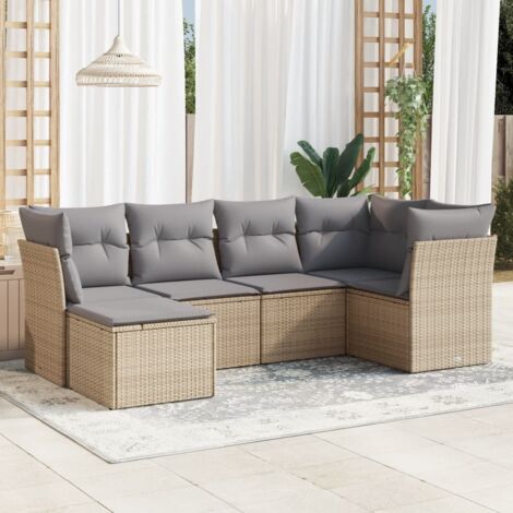 Ensemble Salon Jardin 6 Places Résine Tressée Beige avec Coussins Gris - Meuble Extérieur Modulaire avec Rangement