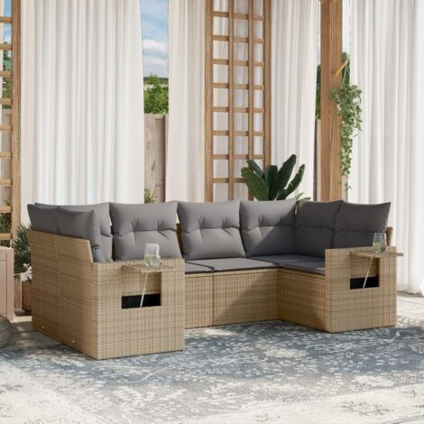 Ensemble Salon Jardin 6 Places Résine Tressée Beige avec Coussins Gris - Meuble Extérieur Modulaire avec Tables d'Appoint