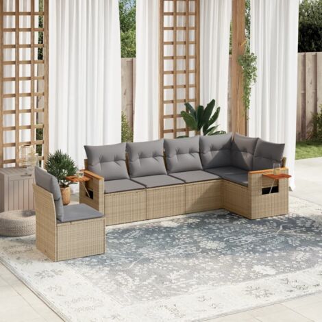 Ensemble Salon Jardin 6 Places Résine Tressée Beige avec Coussins Gris - Mobilier d'Extérieur Modulaire avec Table d'Appoint