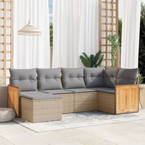 Ensemble Salon Jardin 6 Places Résine Tressée Beige avec Coussins Gris - Mobilier Extérieur Modulaire avec Rangement