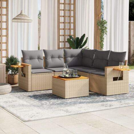 Ensemble Salon Jardin 6 Places Résine Tressée Beige avec Coussins Gris Modulable Table Acacia