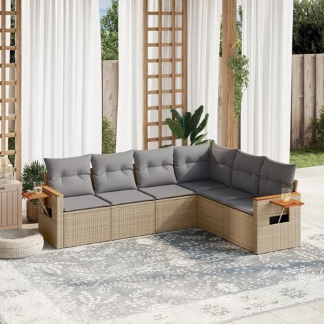 Ensemble Salon Jardin 6 Places Résine Tressée Beige avec Coussins Gris Modulable Table Appoint Intégrée