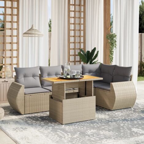 Ensemble Salon Jardin 6 Places Résine Tressée Beige avec Coussins Gris Modulable Table Réglable
