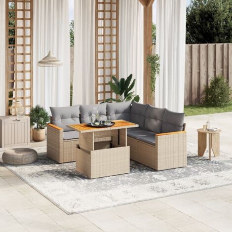 Ensemble Salon Jardin 6 Places Résine Tressée Beige avec Coussins Gris Modulable Table Réglable