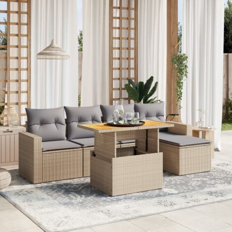 Ensemble Salon Jardin 6 Places Résine Tressée Beige avec Coussins Gris Modulable Table Réglable
