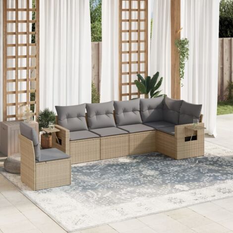 Ensemble Salon Jardin 6 Places Résine Tressée Beige avec Coussins Gris Modulable Tables Accoudoirs