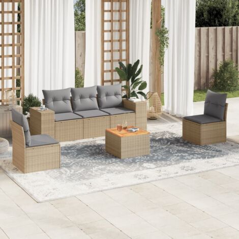 Ensemble Salon Jardin 6 Places Résine Tressée Beige avec Coussins Gris - Table Acacia 55x55cm - Meuble Extérieur Modulaire