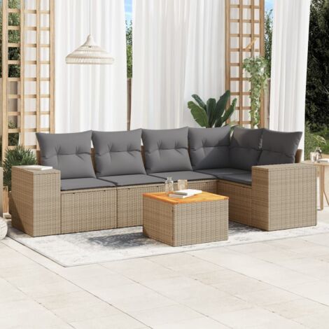 Ensemble Salon Jardin 6 Places Résine Tressée Beige avec Coussins Gris - Table Acacia