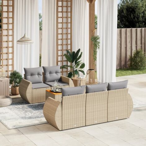 Ensemble Salon Jardin 6 Places Résine Tressée Beige avec Coussins Gris - Table Acacia