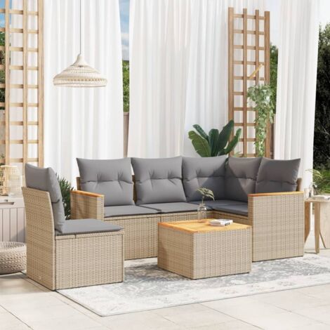 Ensemble Salon Jardin 6 Places Résine Tressée Beige avec Coussins Gris, Table Acacia et Fonction Rangement