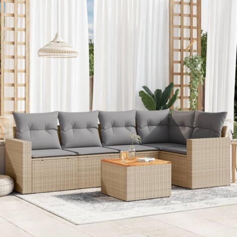 Ensemble Salon Jardin 6 Places Résine Tressée Beige avec Coussins Gris - Table Acacia et Structure Acier