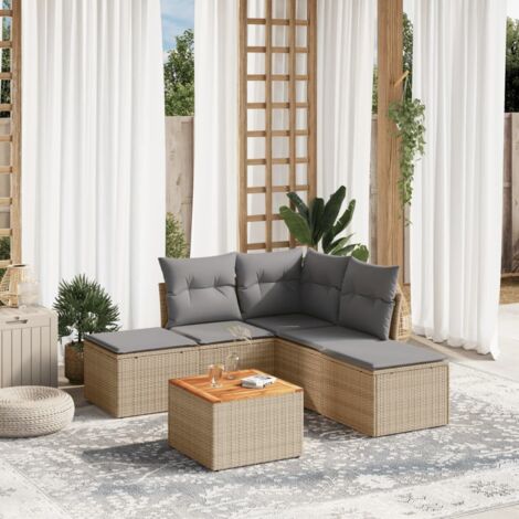 Ensemble Salon Jardin 6 Places Résine Tressée Beige avec Coussins Gris - Table Acacia et Structure Acier