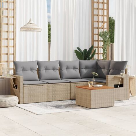 Ensemble Salon Jardin 6 Places Résine Tressée Beige avec Coussins Gris - Table Acacia et Structure Acier