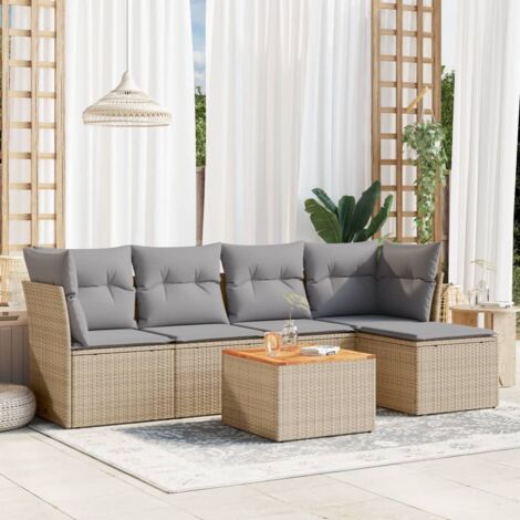 Ensemble Salon Jardin 6 Places Résine Tressée Beige avec Coussins Gris - Table Acacia Massif - Modulaire