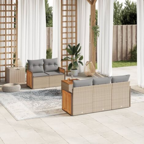 Ensemble Salon Jardin 6 Places Résine Tressée Beige avec Coussins Gris - Table Acacia - Mobilier Extérieur Modulaire