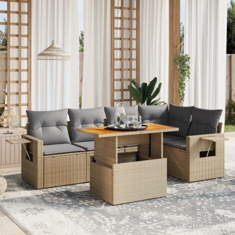 Ensemble Salon Jardin 6 Places Résine Tressée Beige avec Coussins Gris, Table Acacia Modulable