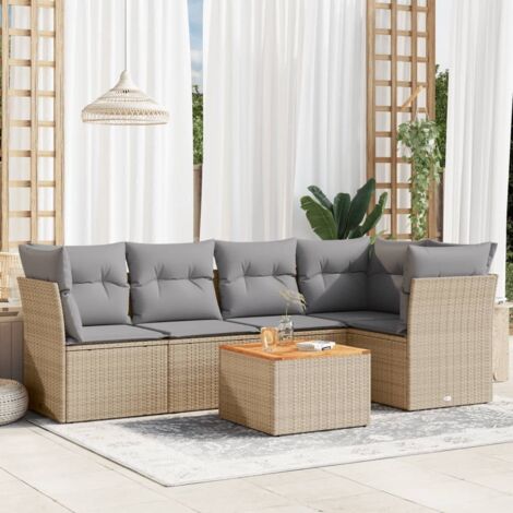 Ensemble Salon Jardin 6 Places Résine Tressée Beige avec Coussins Gris - Table Acacia Modulable