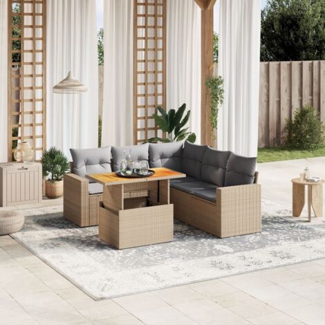 Ensemble Salon Jardin 6 Places Résine Tressée Beige avec Coussins Gris - Table Acacia Modulable