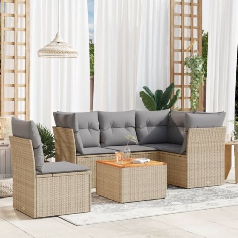 Ensemble Salon Jardin 6 Places Résine Tressée Beige avec Coussins Gris - Table Acacia - Modulaire